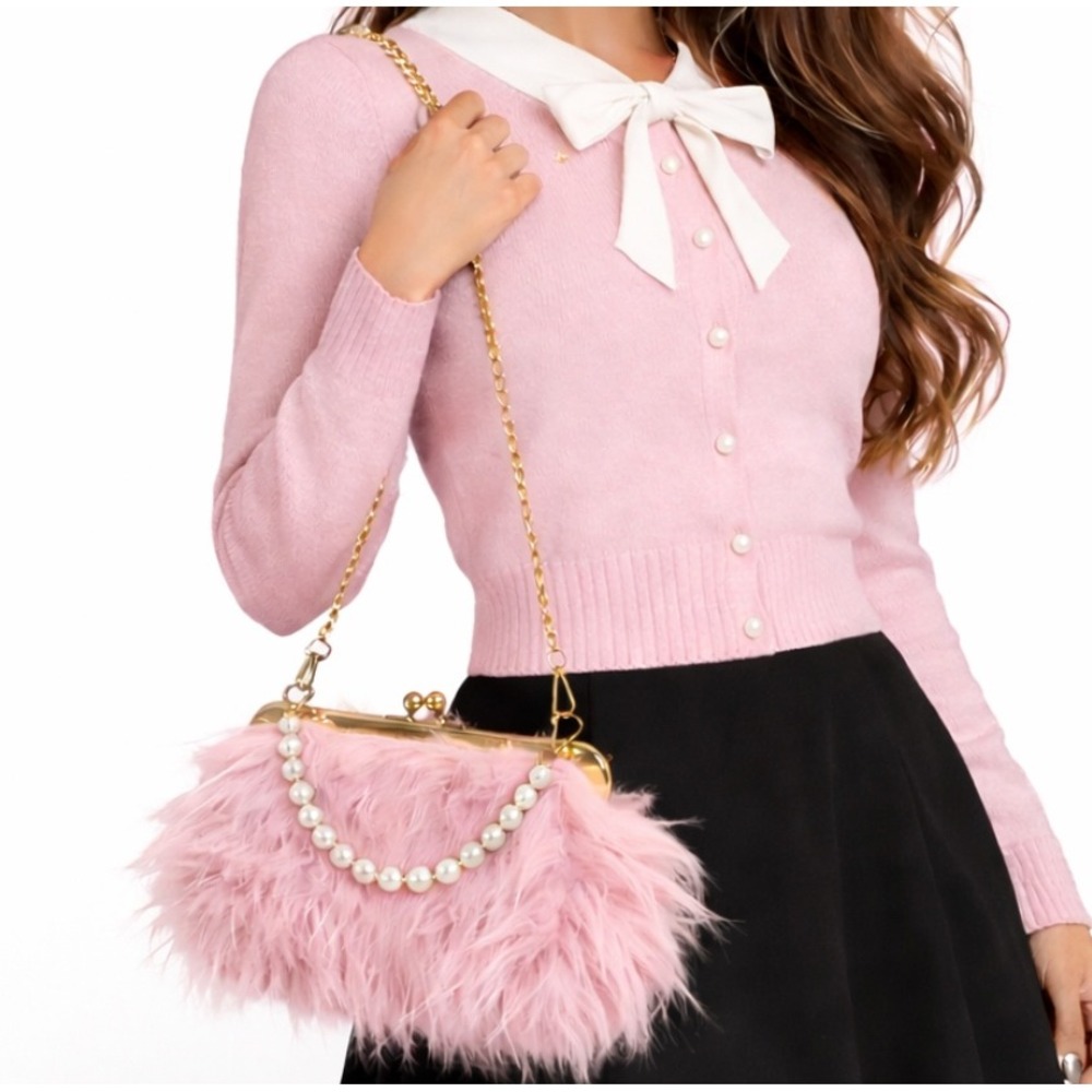Faux Fur Shoulder Handbag‎ Kiss Lock Pearl Rhinestone Pink Y2k Soft Girl Bratz